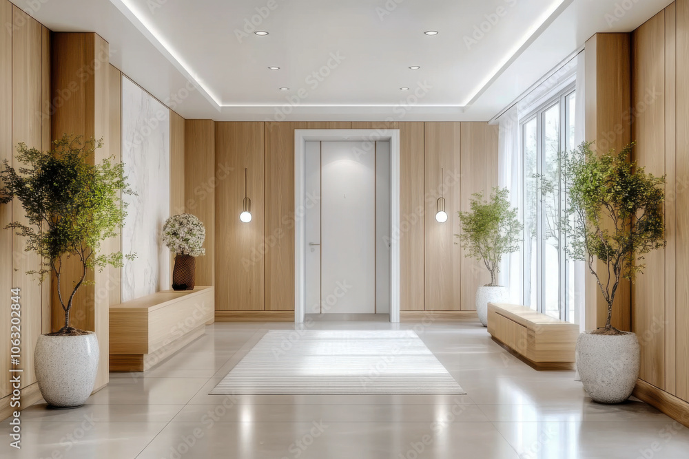 entrance hall with door and wooden paneling walls Elegant interior design of modern entrance hall with door and wooden paneling walls Elegant interior design of modern
