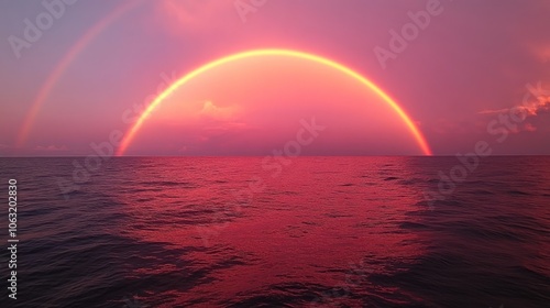 Sunset rainbow glowing over the ocean, with warm hues of pink and orange reflecting on the water