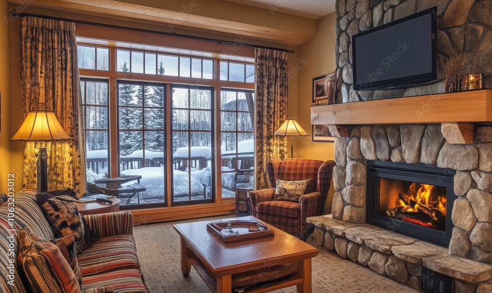 Cozy living room with fireplace and snowy view. Cozy living room with fireplace and snowy view.