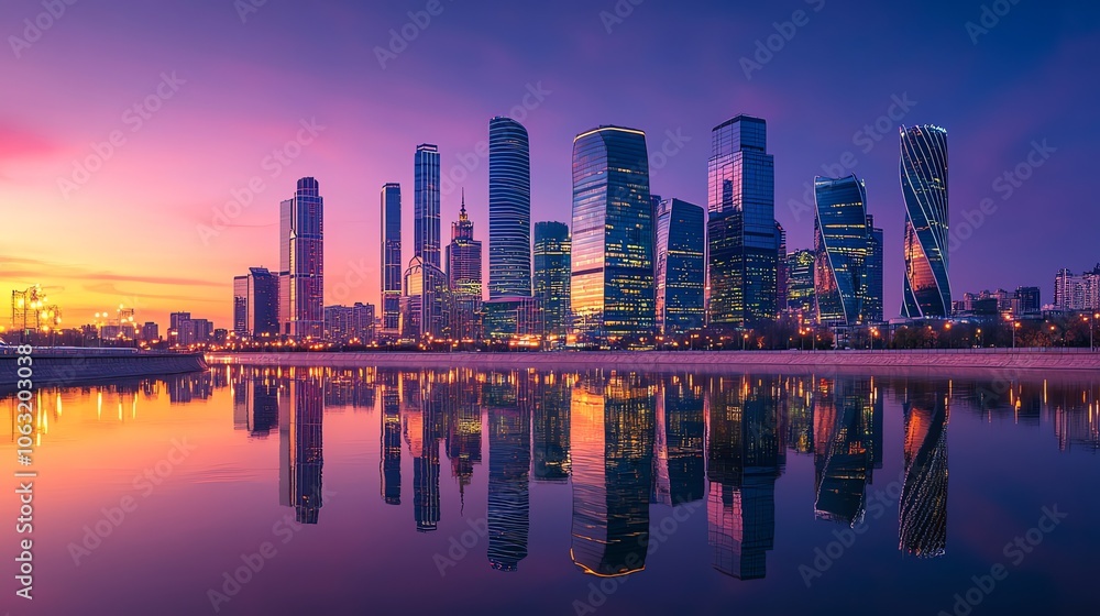 Aerial view of a city skyline at dusk with vibrant pink and orange sky. Aerial view of a city skyline at dusk with vibrant pink and orange sky.