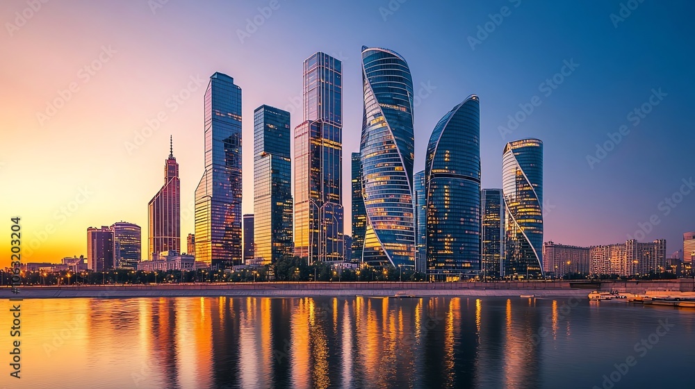 Obraz premium A cityscape at dusk with a river in the foreground.