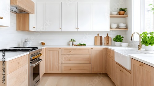 Beautifully designed modern kitchen with light wood details white walls and ample natural light creating a warm inviting and serene atmosphere for cooking dining and entertaining