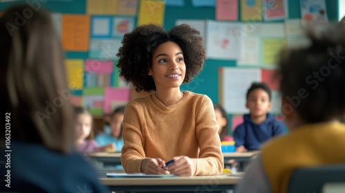 A bright classroom filled with energy, as a teacher