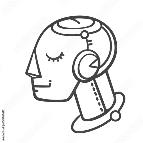 Robot head, side view line icon. Outline hand drawn futuristic AI virtual assistant and cyborg portrait. Artificial intelligence mascot, sketch of anthropomorphic robot face icon vector illustration