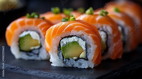 Fototapeta Naklejka Na Ścianę i Meble -  Close-up of delicious-looking sushi rolls, Tasty food close up shot