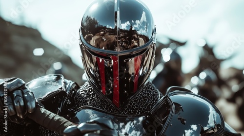 A warrior clad in reflective metallic armor, poised for conflict, symbolizes the tenacity and preparedness of a skilled combatant ready to face challenges. photo