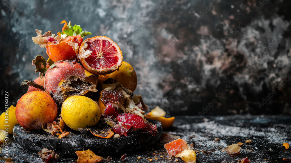 Colorful arrangement of fresh fruits and dried peels on a rustic black surface during evening light Colorful arrangement of fresh fruits and dried peels on a rustic black surface during evening light