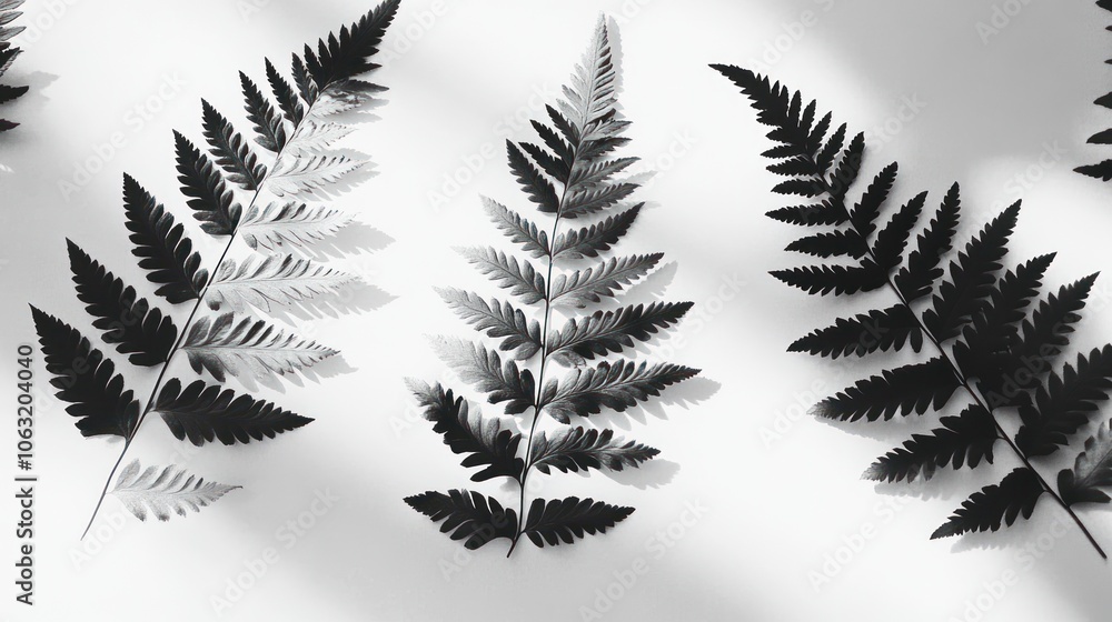 The shadows of fern leaves overlapping a white background, clearly emphasizing the details of the leaf pattern. The shadows of fern leaves overlapping a white background, clearly emphasizing the details of the leaf pattern.