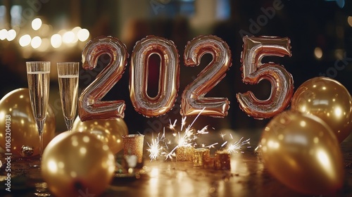 A table decorated for a New Year’s Eve party with golden balloons, a 