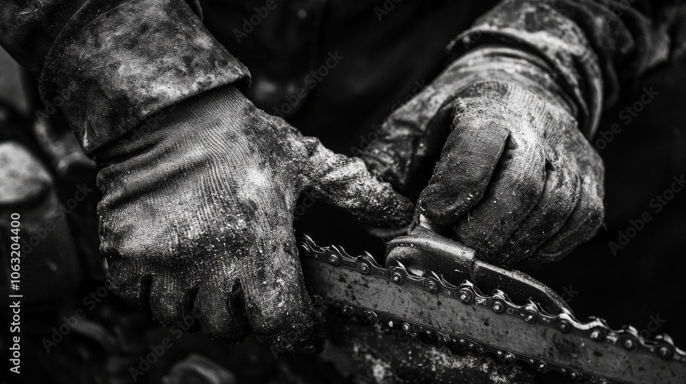 Chainsaw Chain Sharpening: Man Sharpening Blade with Tool and Glove Chainsaw Chain Sharpening: Man Sharpening Blade with Tool and Glove