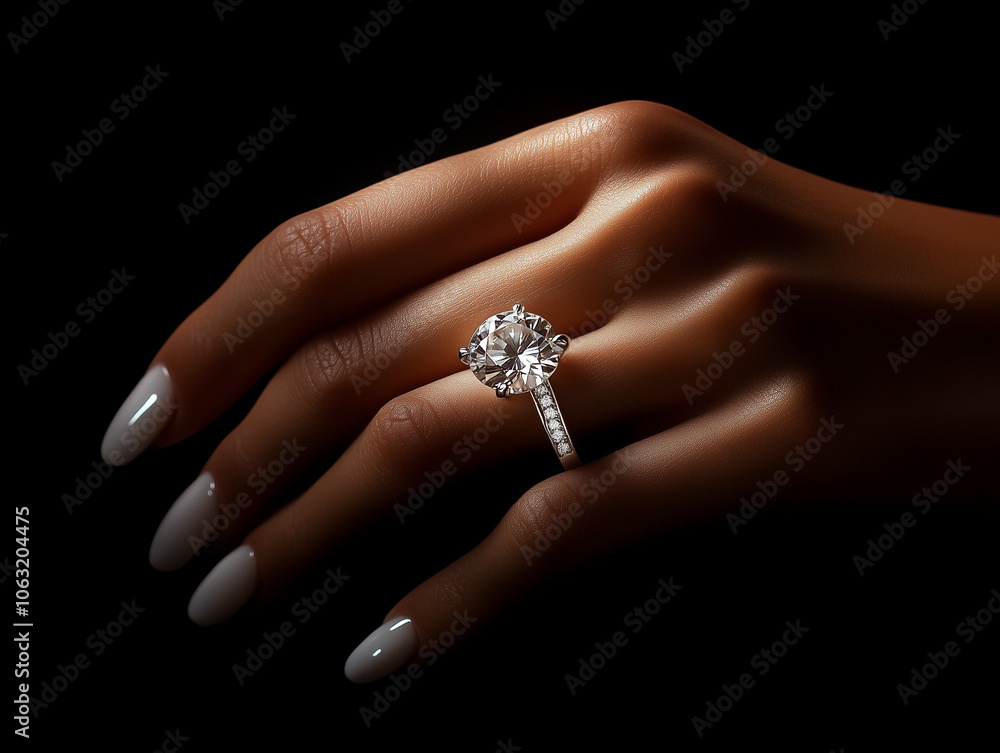 Gros plan d'une bague en or blanc sertie de diamant portée par une main manucurée sur un fond noir en soie, joaillerie de luxe pour mariage ou fiançailles Gros plan d'une bague en or blanc sertie de diamant portée par une main manucurée sur un fond noir en soie, joaillerie de luxe pour mariage ou fiançailles