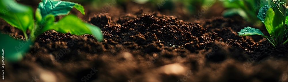 Close-up of Dark Soil with Lush Green Plant Sprouts