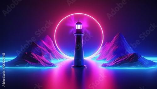 Futuristic Lighthouse with Glowing Neon Circle Between Stylized Mountains in Abstract Cyberpunk Digital Landscape Background