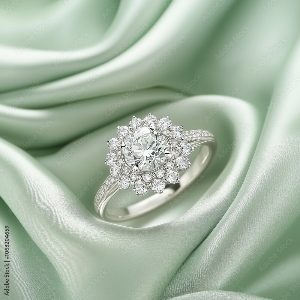 Gros plan sur une bague en or blanc sertie de diamant sur un fond vert menthe en soie, joaillerie de luxe pour mariage ou fiançailles Gros plan sur une bague en or blanc sertie de diamant sur un fond vert menthe en soie, joaillerie de luxe pour mariage ou fiançailles