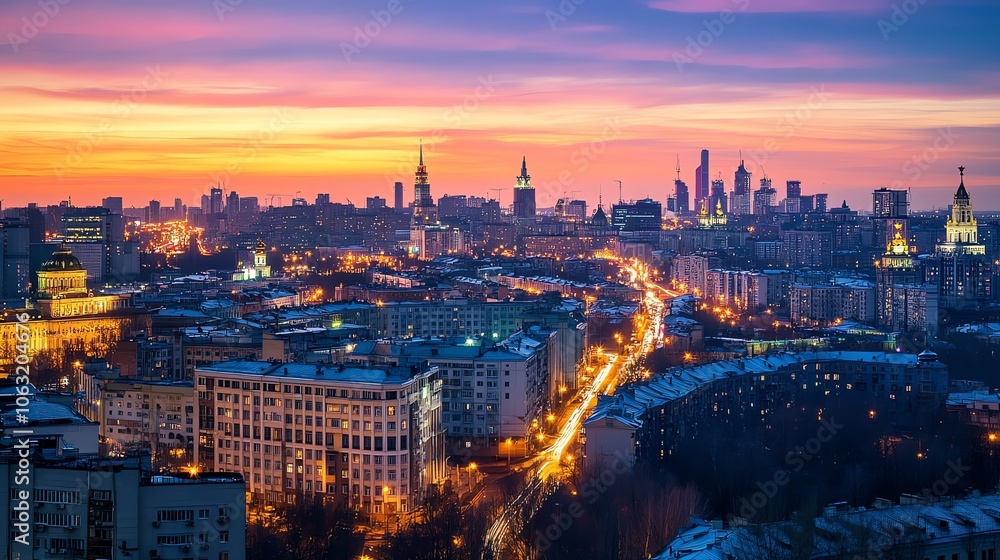 Aerial view of a city skyline at dusk with vibrant pink and orange sky. Aerial view of a city skyline at dusk with vibrant pink and orange sky.