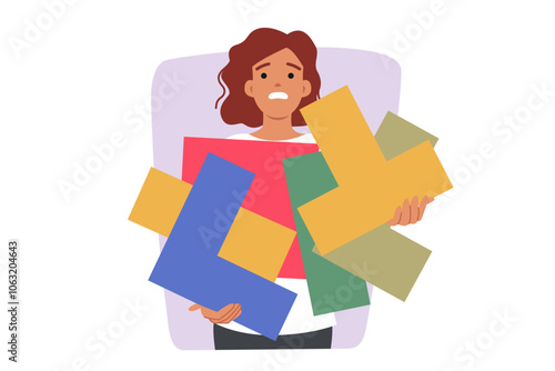 Disoriented woman holding puzzle pieces, experiencing problems due to lack of task management skills. Disoriented unhappy girl needs planning to get rid of chaos in personal affairs