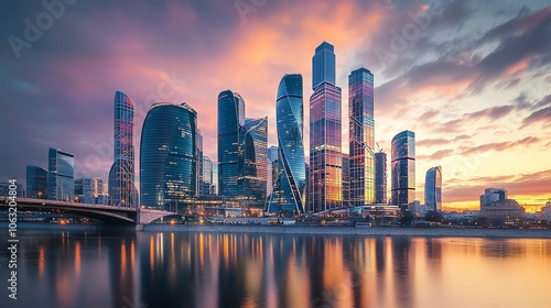 A city skyline at dusk with vibrant pink and orange sky.