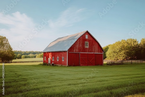 Barnyard. Red Barn and Vintage Farm Building in Rural Agriculture Setting