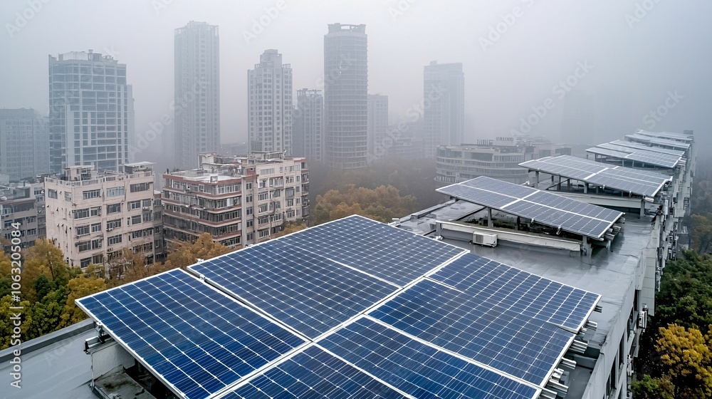 Aerial view of a city skyline with solar panels on rooftops, shrouded in fog, illustrating urban renewable energy solutions. Aerial view of a city skyline with solar panels on rooftops, shrouded in fog, illustrating urban renewable energy solutions.