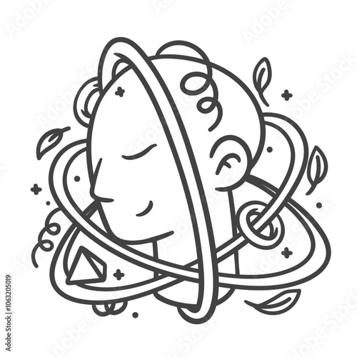 Human head with model of atom and science line icon. Outline hand drawn head of scientist with electrons on orbit. Physics research, imagination mascot, invention idea icon vector illustration