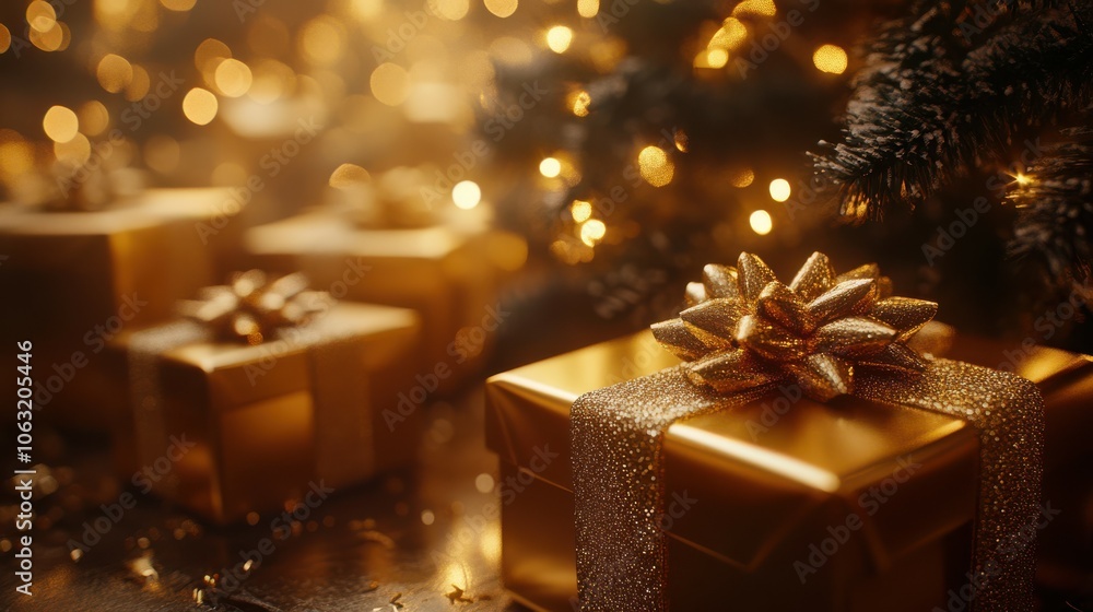 Elegant golden gift boxes with satin ribbons arranged under a glowing gold-themed Christmas tree, with soft golden lights creating a warm ambiance. 4K hyperrealistic photo. Elegant golden gift boxes with satin ribbons arranged under a glowing gold-themed Christmas tree, with soft golden lights creating a warm ambiance. 4K hyperrealistic photo.