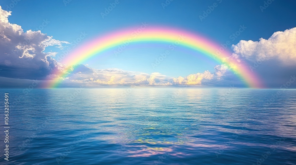 Vibrant rainbow stretching across the horizon above a peaceful sea, with gentle clouds in the background Vibrant rainbow stretching across the horizon above a peaceful sea, with gentle clouds in the background