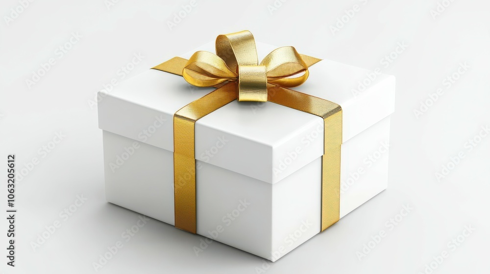 Elegant white gift box with golden ribbon, perfect for celebrations and special occasions Elegant white gift box with golden ribbon, perfect for celebrations and special occasions