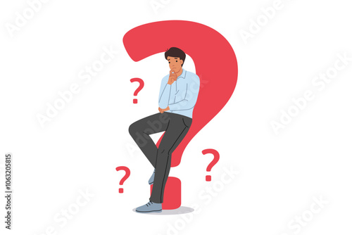 Man looking for answer to question and is considering options for solving problems that have arisen. Question marks around guy in need of help due to troubles caused by financial crisis