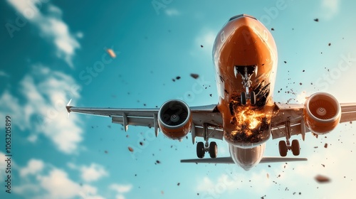 A close-up of a passenger plane experiencing an engine explosion, highlighting the peril and catastrophic atmospheric conditions in an awe-inspiring frame. photo