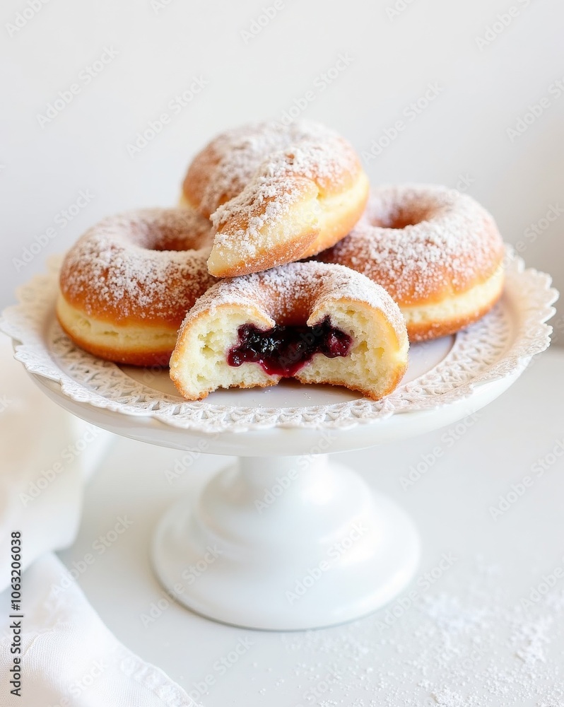 A plate of golden donuts dusted with powdered sugar, one revealing a rich, fruity jam filling. A plate of golden donuts dusted with powdered sugar, one revealing a rich, fruity jam filling.