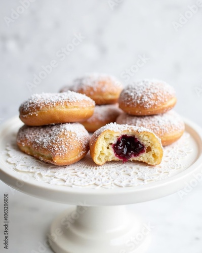 A plate of golden donuts dusted with powdered sugar, one revealing a rich, fruity jam filling.