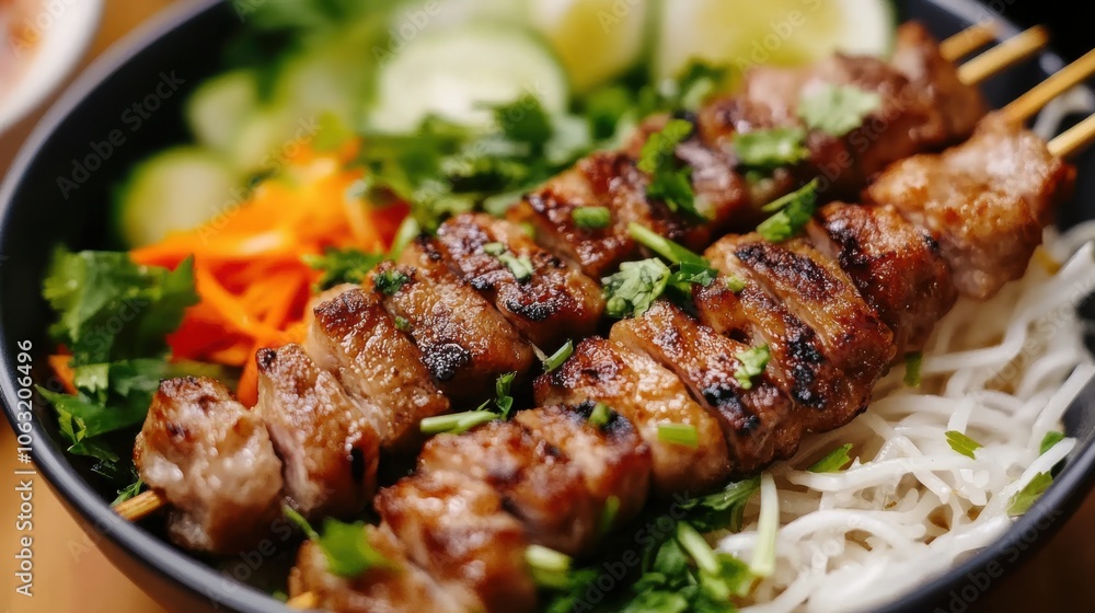 A close-up of delicious nem nuong, showcasing the grilled pork A close-up of delicious nem nuong, showcasing the grilled pork