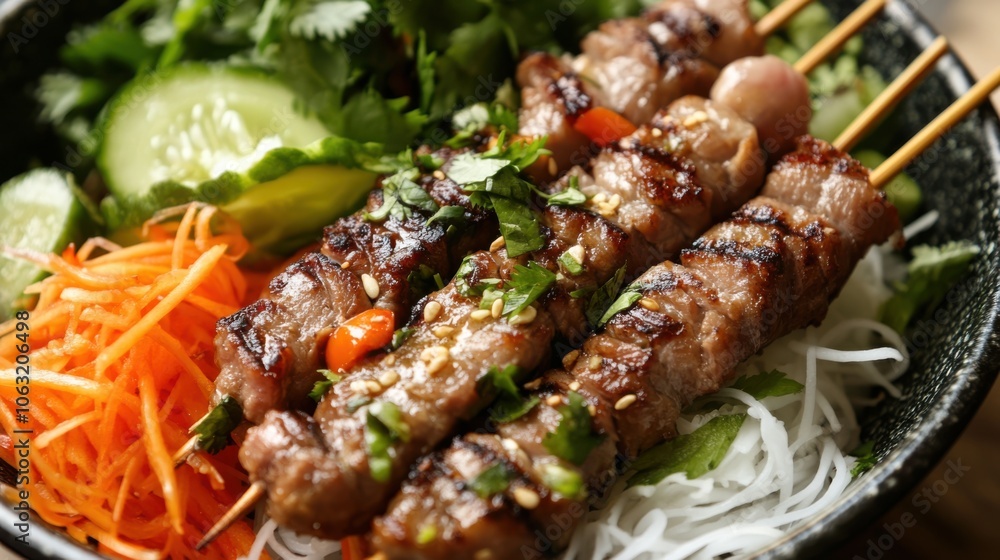 A close-up of delicious nem nuong, showcasing the grilled pork A close-up of delicious nem nuong, showcasing the grilled pork