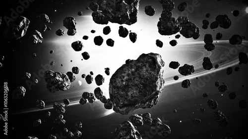 Beautiful flying through the asteroid belt in outer space.
