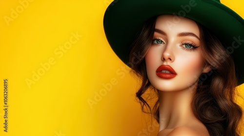 Beautiful young woman in stylish green hat on yellow background