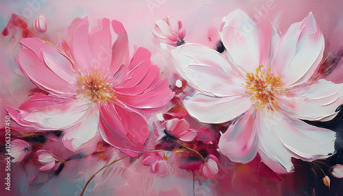 Fototapeta Naklejka Na Ścianę i Meble -  Abstract oil painting of pink and white flowers. Floral art. Beautiful nature. Hand drawn