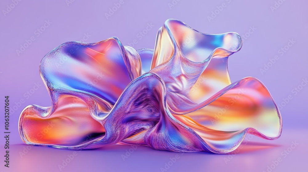 Obraz premium Abstract fluid holographic shape, chromatic liquid with gradient iridescent texture, flowing composition in form flower or colorful explosion, glossy sculpture isolated on purple background