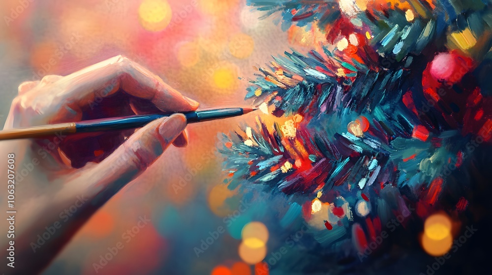 A Hand Painting a Christmas Tree with a Brush A Hand Painting a Christmas Tree with a Brush