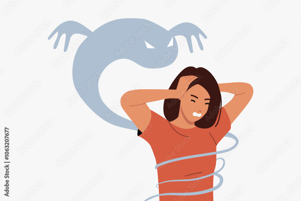 Panic attack in woman due to mental health problems and hallucinations in form of monsters. Girl experiences panic attack and clutches head, needing treatment from psychotherapist or psychologist