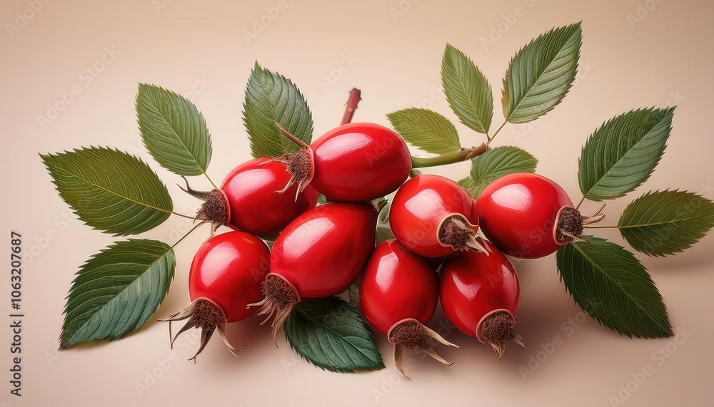 Glossy Red Rose Hips with Fresh Green Leaves on Neutral Background, Highlighting Natural Beauty and Health Benefits for Use in Wellness, Organic Skincare, and Nutritional Supplement Marketing Glossy Red Rose Hips with Fresh Green Leaves on Neutral Background, Highlighting Natural Beauty and Health Benefits for Use in Wellness, Organic Skincare, and Nutritional Supplement Marketing