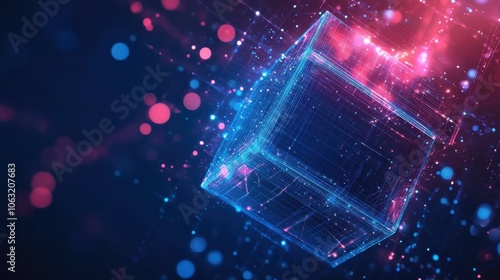 Abstract digital data cube in technology futuristic wireframe style. Isometric polygonal 3D box in light blue and redpurple on dark background. Blockchain photo