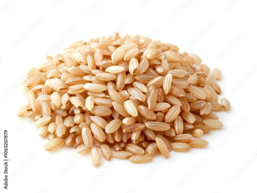 A serving of brown rice with a slightly nutty texture and fluffy appearance Isolated on white background A serving of brown rice with a slightly nutty texture and fluffy appearance Isolated on white background