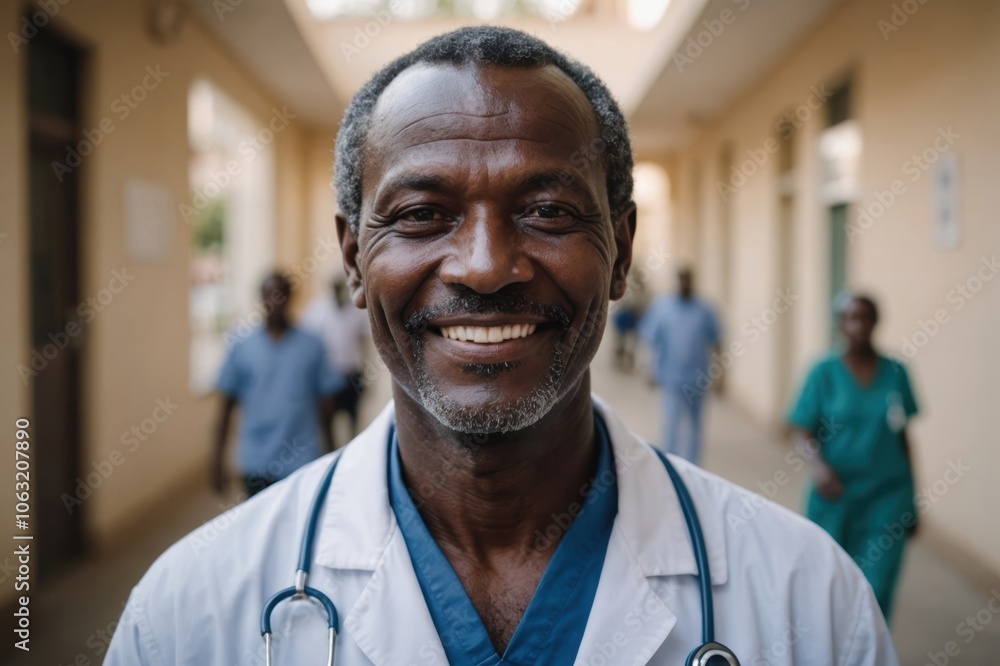 Close portrait of a smiling senior Chadian man doctor looking at the camera, Chadian hospital blurred background Close portrait of a smiling senior Chadian man doctor looking at the camera, Chadian hospital blurred background