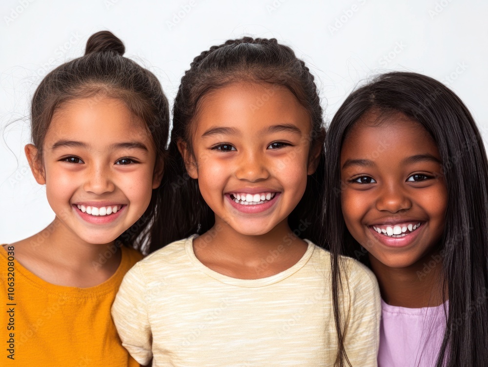 Adorable group of three African American and Asian girls smiling wide showing healthy white teeth while looking at the camera with joyful expressions Isolated on white background Adorable group of three African American and Asian girls smiling wide showing healthy white teeth while looking at the camera with joyful expressions Isolated on white background