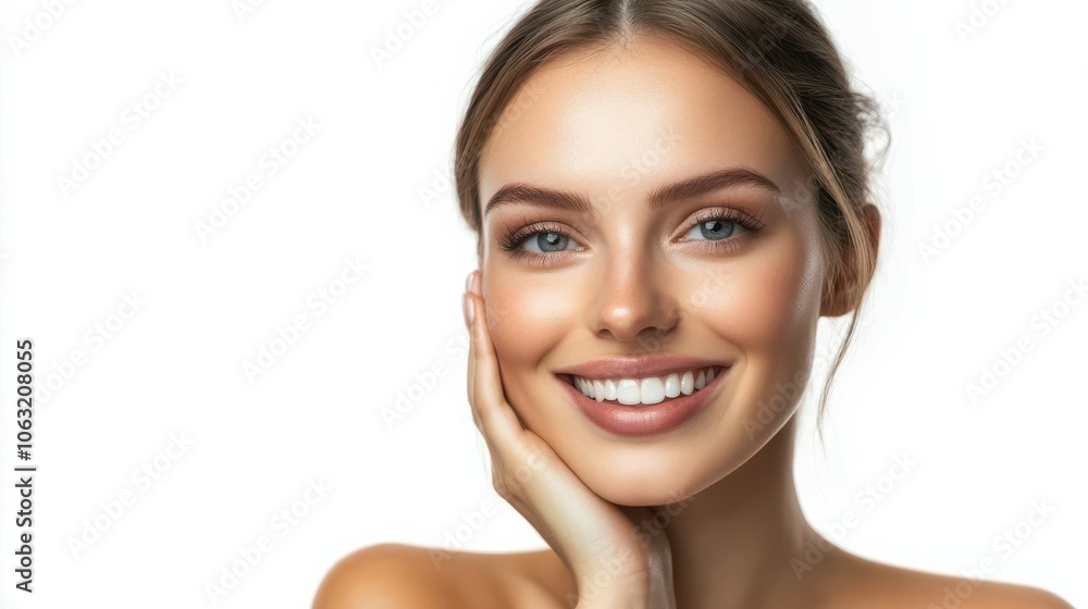 Face, smile and glow of woman in studio isolated on white background. Natural cosmetics, thinking and beauty of happy female model with spa, facial treatment mockup and aesthetic for healthy skin Face, smile and glow of woman in studio isolated on white background. Natural cosmetics, thinking and beauty of happy female model with spa, facial treatment mockup and aesthetic for healthy skin