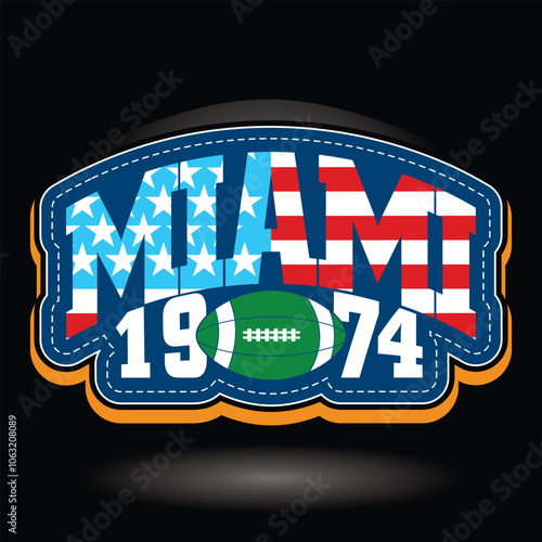 Miami 1974 graphic with American flag and football symbol on dark background for sports enthusiasts