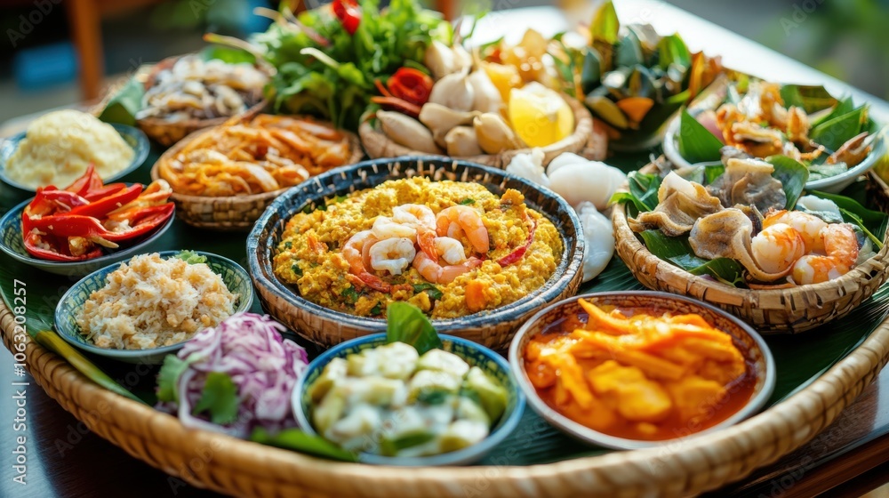 A colorful platter of Southern Thai cuisine, featuring A colorful platter of Southern Thai cuisine, featuring