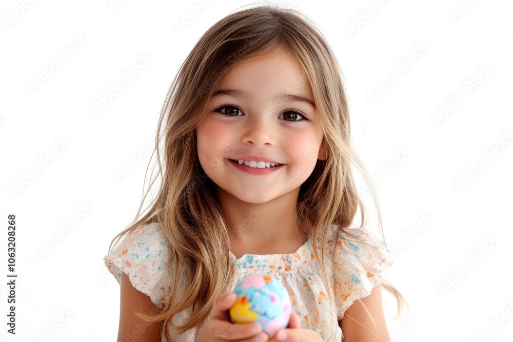 Adorable girl wearing a light dress smiling and looking at the camera while holding a small toy Isolated on white background Adorable girl wearing a light dress smiling and looking at the camera while holding a small toy Isolated on white background