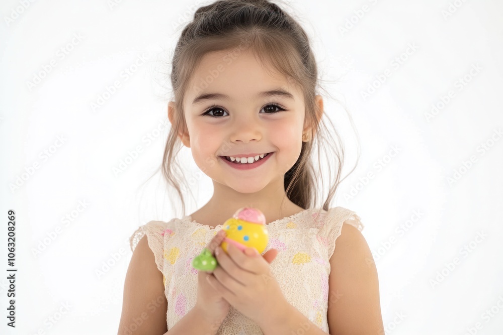 Adorable girl wearing a light dress smiling and looking at the camera while holding a small toy Isolated on white background Adorable girl wearing a light dress smiling and looking at the camera while holding a small toy Isolated on white background