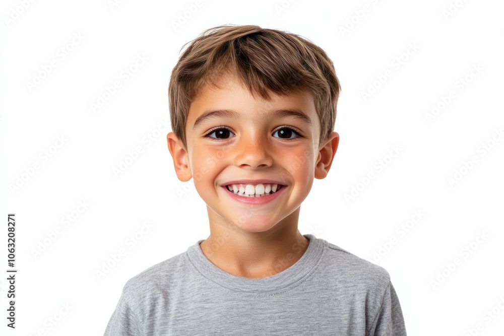Adorable boy with a big smile showing healthy white teeth looking at the camera while standing confidently Isolated on white background Adorable boy with a big smile showing healthy white teeth looking at the camera while standing confidently Isolated on white background